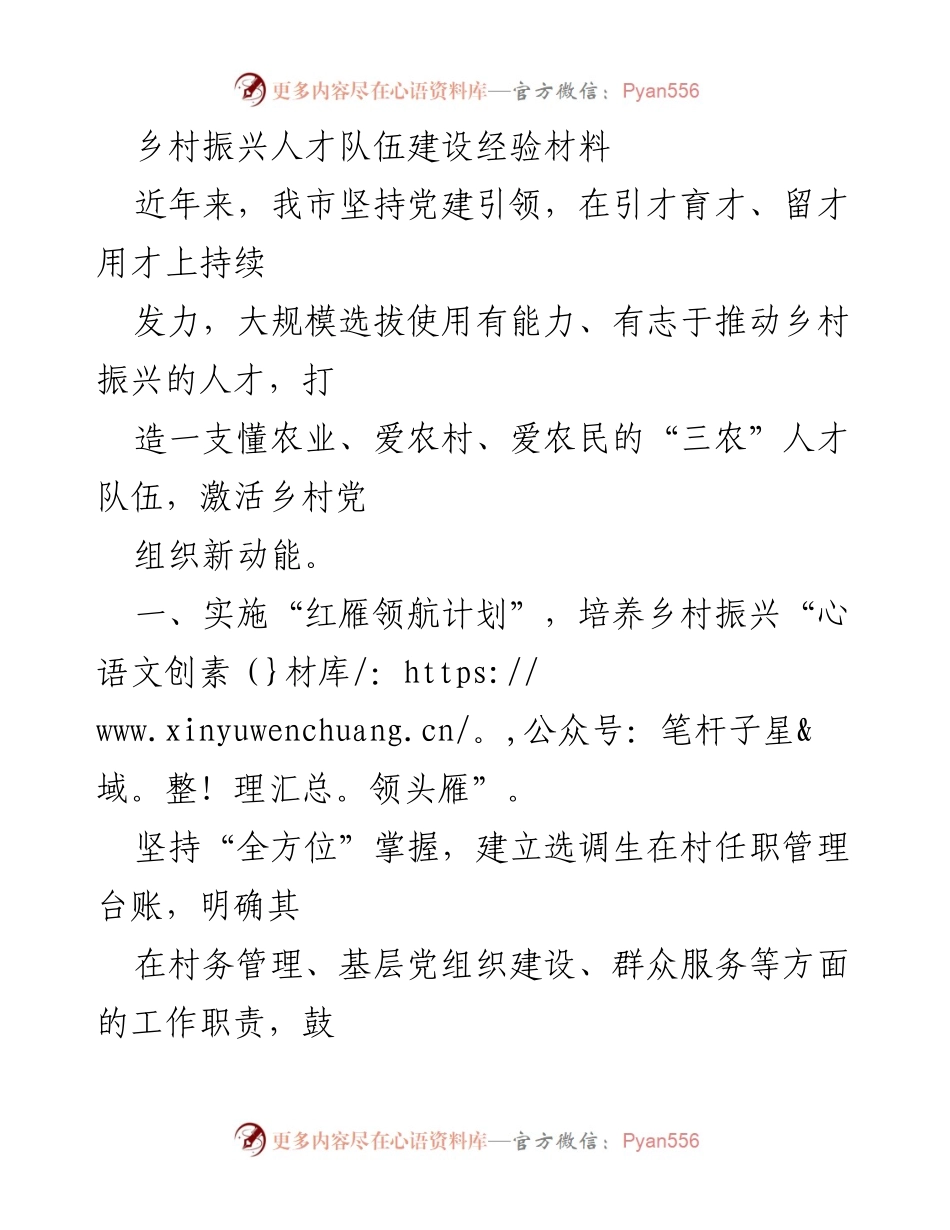 [工作总结] 乡村振兴 - 乡村振兴人才队伍建设经验总结_1.docx_第1页