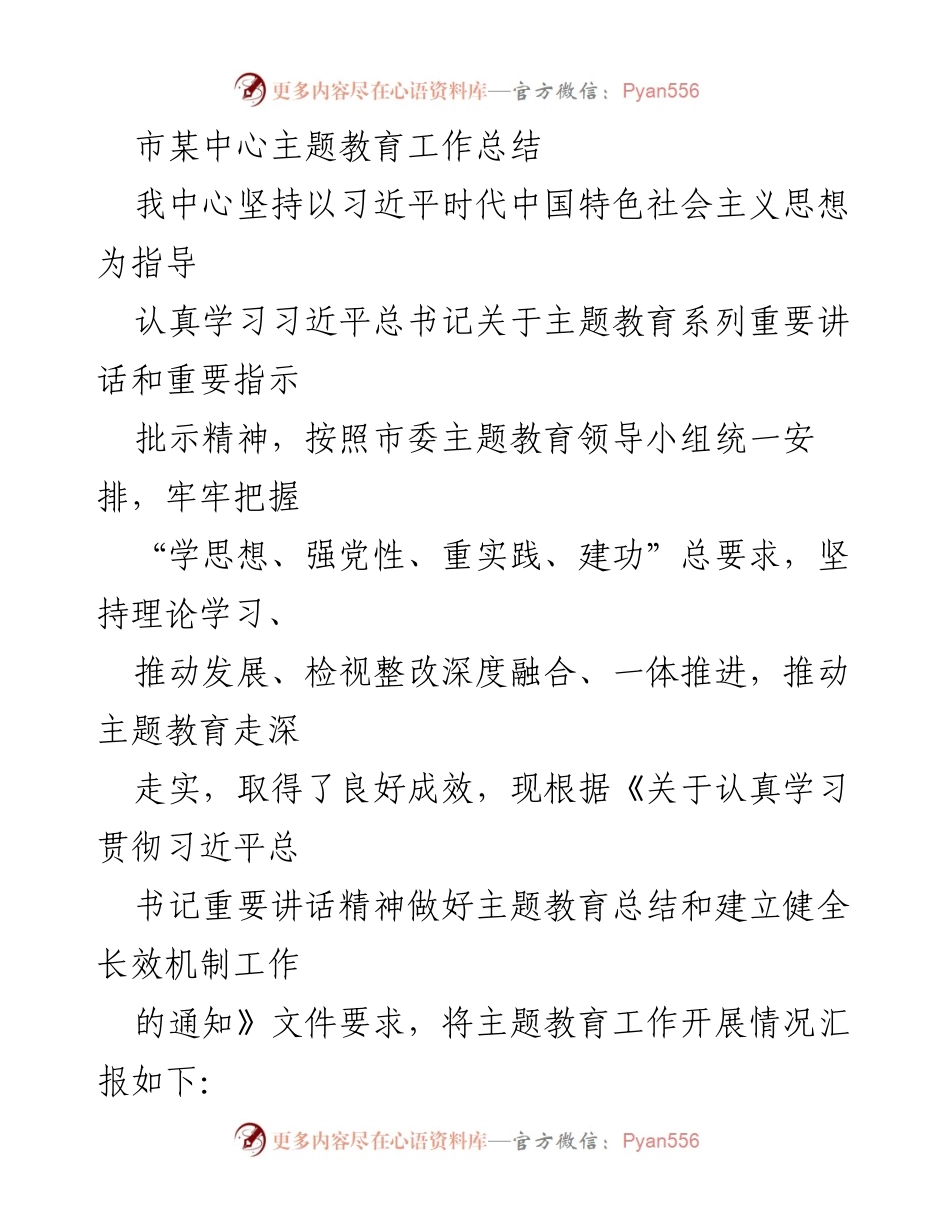 [工作总结] 主题教育 - 市某中心主题教育工作总结与成效汇报.docx_第1页