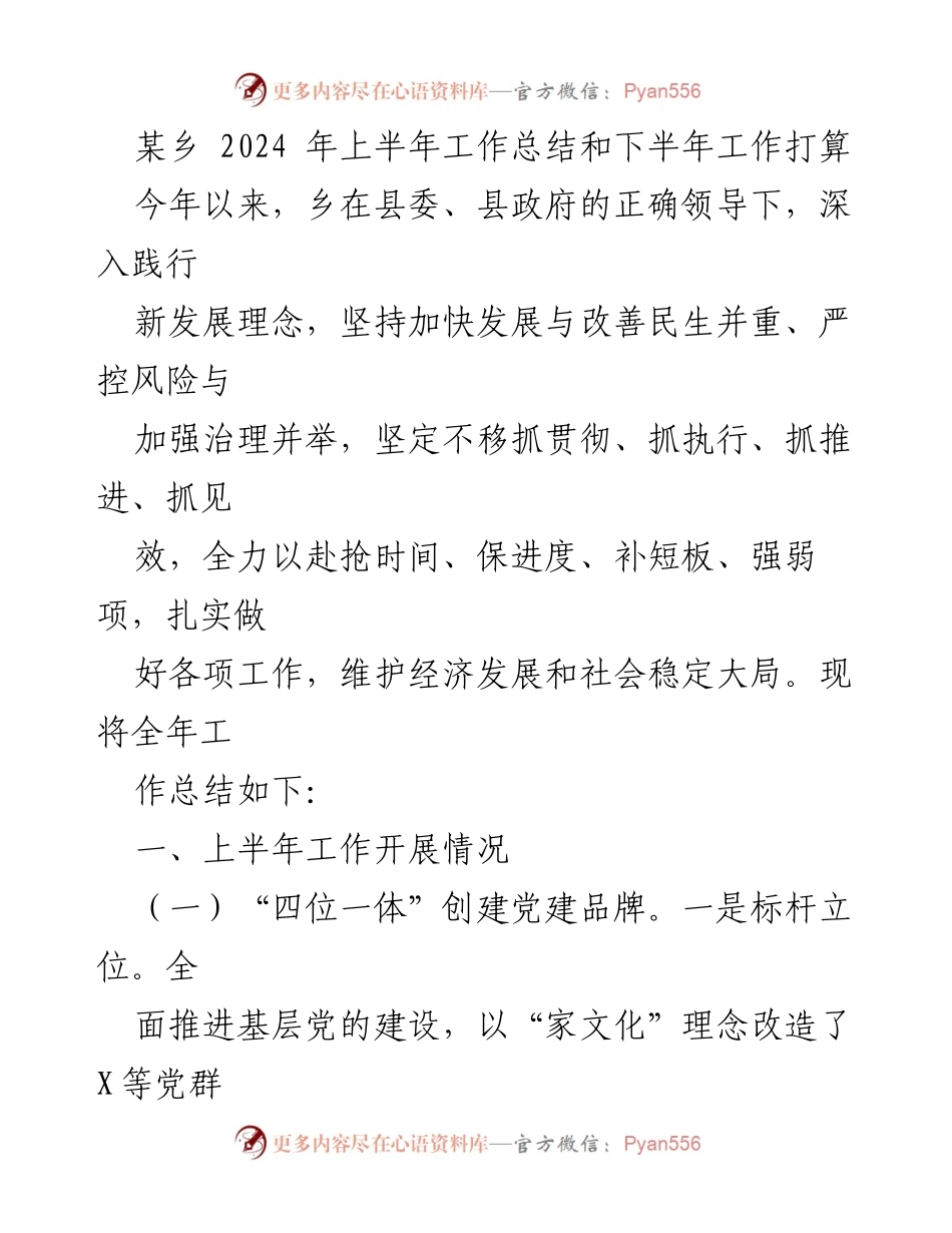 [工作总结] 乡镇工作会议 - 2024年上半年工作总结与下半年工作计划.docx_第1页