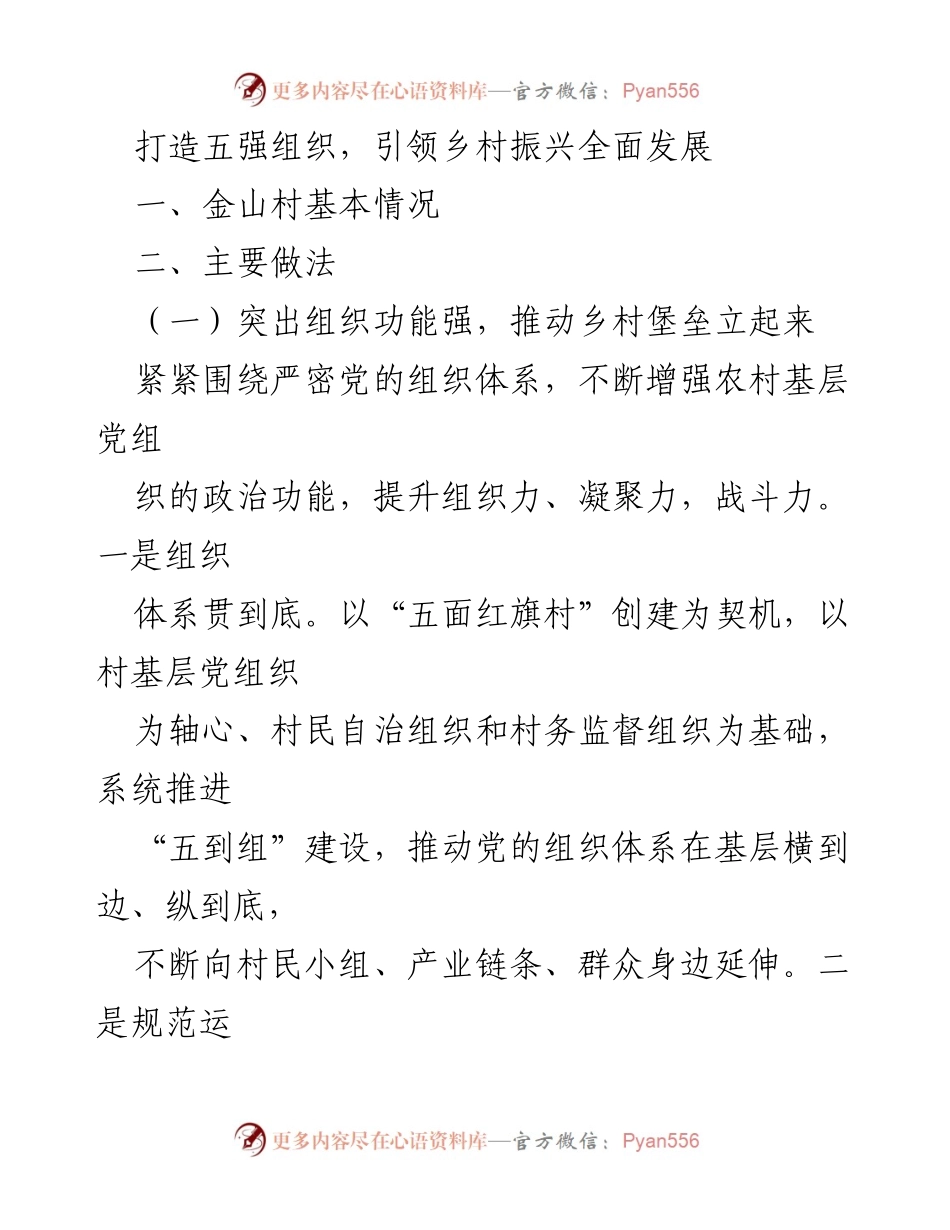 [工作总结] 乡村振兴 - 打造五强组织，推动金山村全面发展.docx_第1页