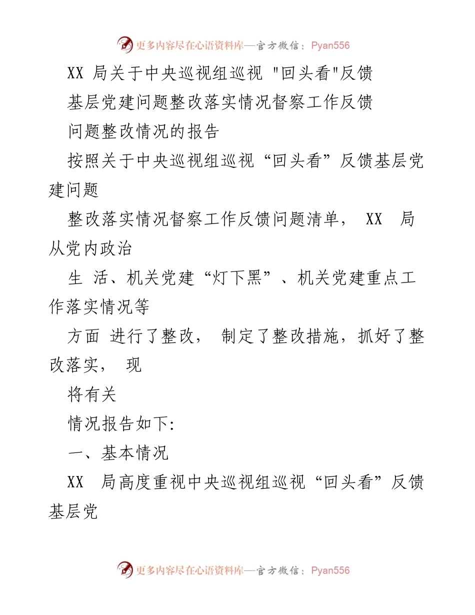 [工作总结] 中央巡视反馈 - XX局基层党建问题整改落实情况总结报告.docx_第1页