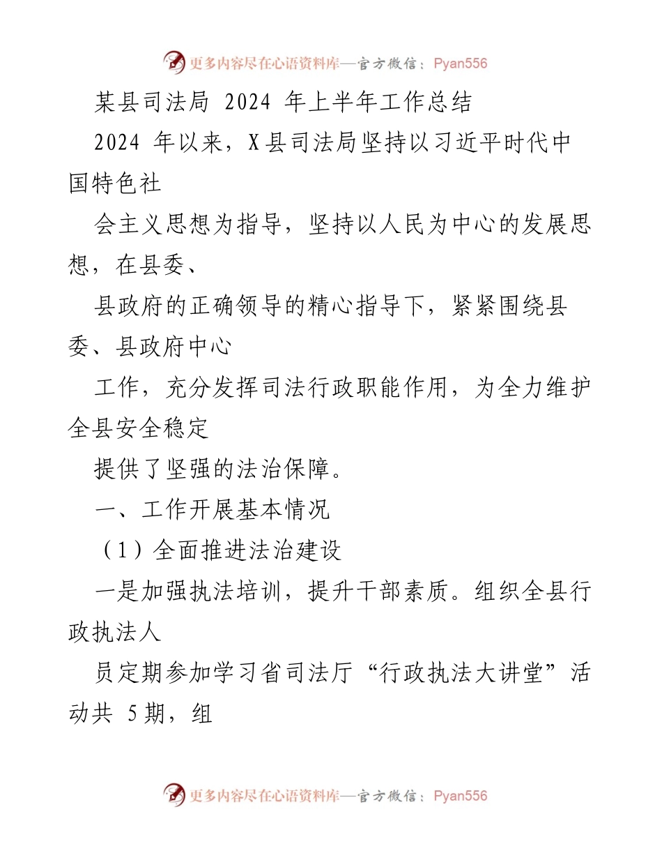 [工作总结] 2024年上半年 - 某县司法局2024年上半年工作总结报告.docx_第1页