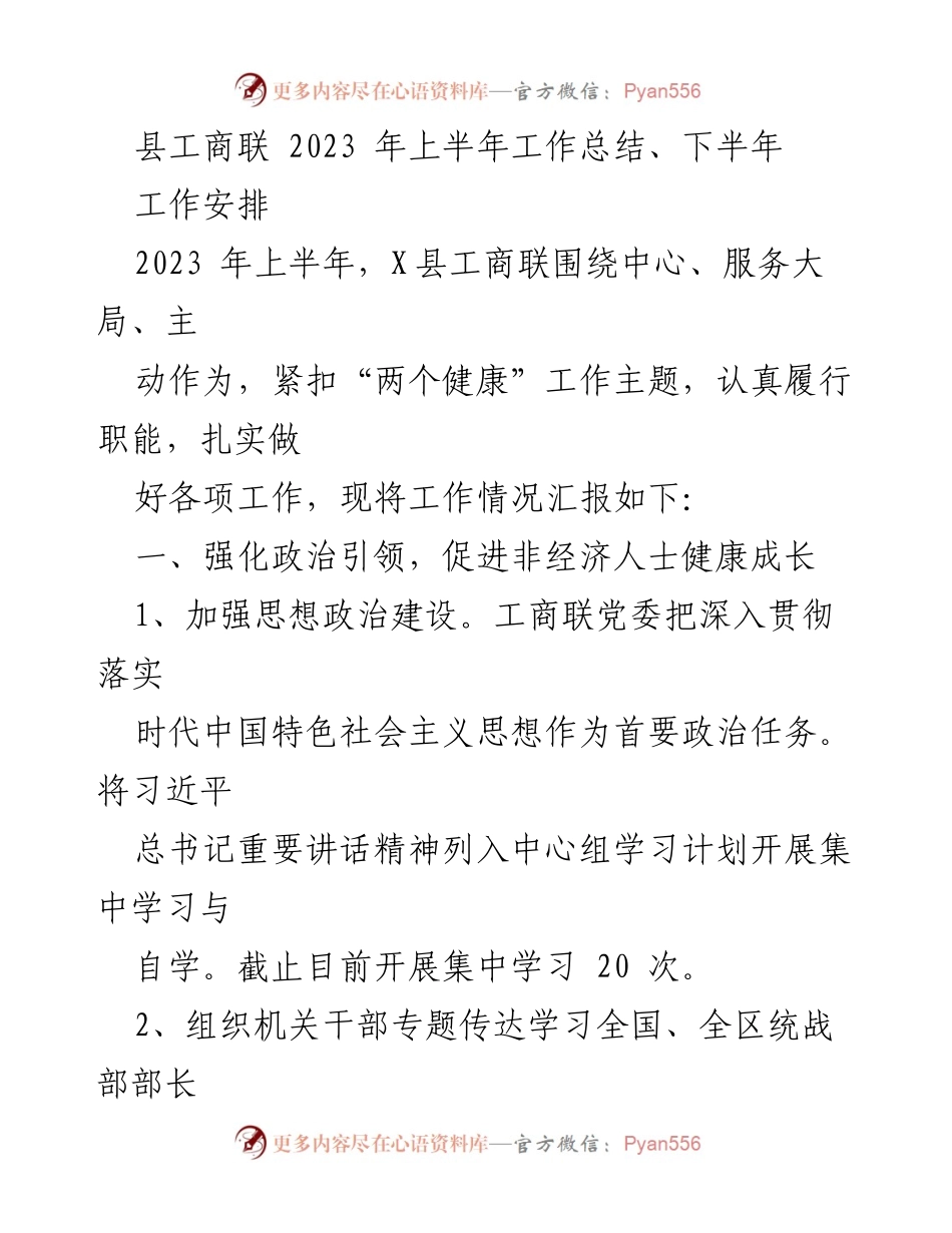 [工作总结] 上半年工作汇报 - 2023年X县工商联上半年工作总结与下半年安排.docx_第1页