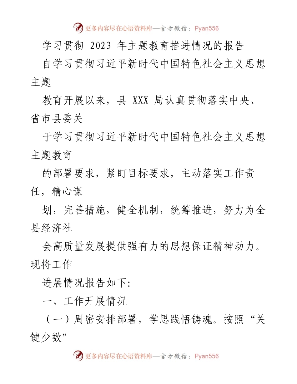 [工作总结] 主题教育推进情况 - 学习贯彻习近平新时代中国特色社会主义思想主题教育工作总结报告.docx_第1页