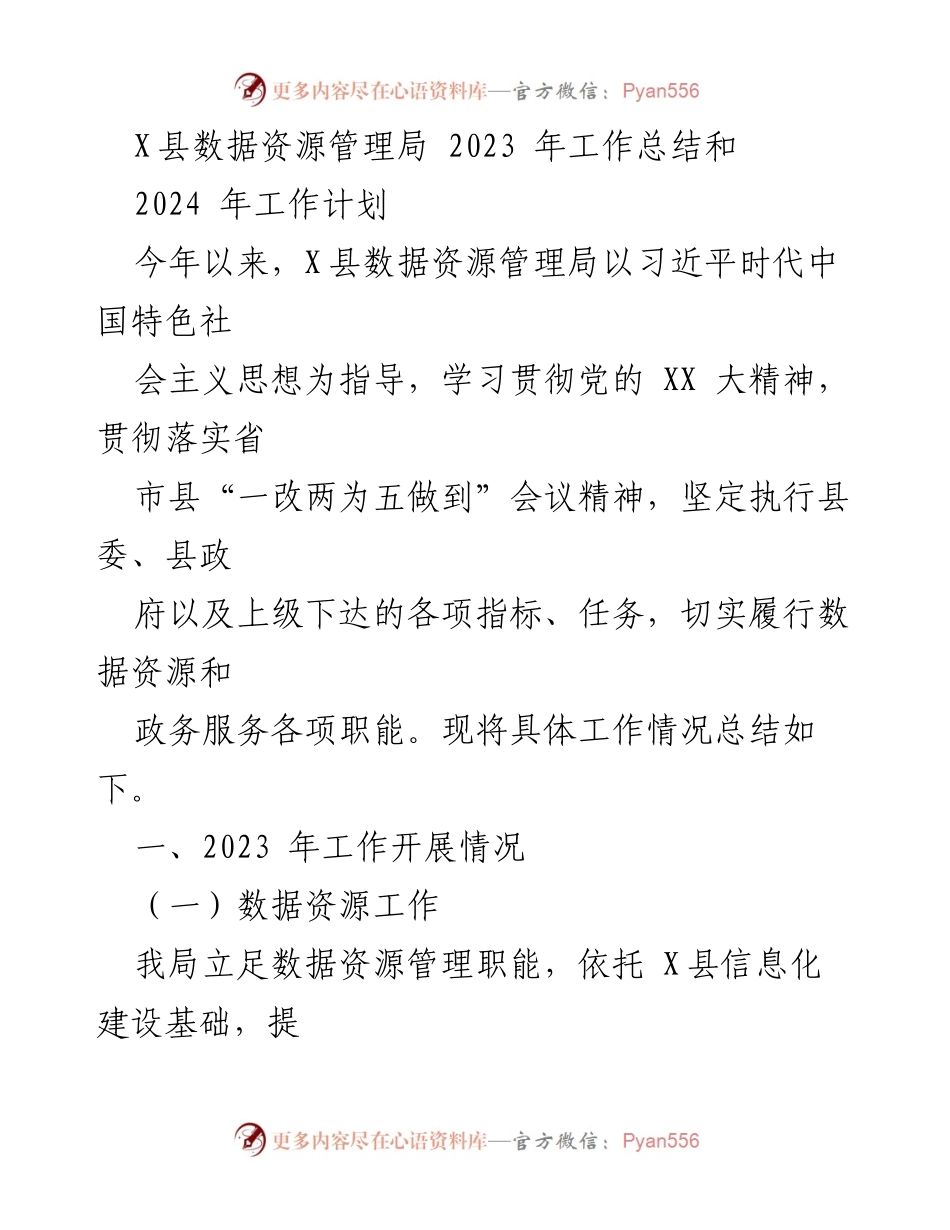 [工作总结] X县数据资源管理局 - 2023年工作总结与2024年工作计划.docx_第1页