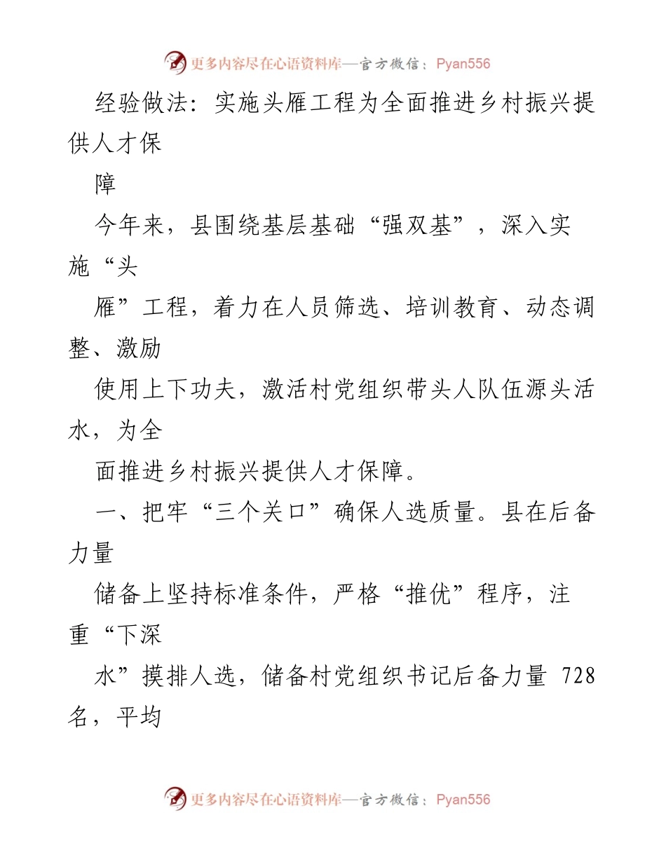 [工作总结] 乡村振兴人才保障 - 实施“头雁工程”提升乡村党组织带头人队伍能力.docx_第1页