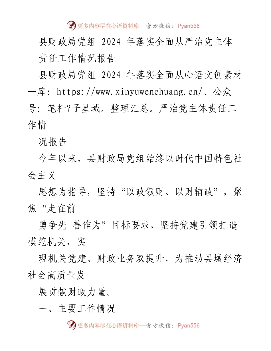 [工作总结] 2024年度 - 县财政局党组落实全面从严治党主体责任工作情况报告.docx_第1页