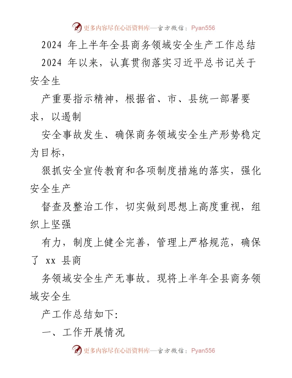 [工作总结] 上半年商务领域安全生产 - 2024年上半年全县商务领域安全生产工作总结.docx_第1页