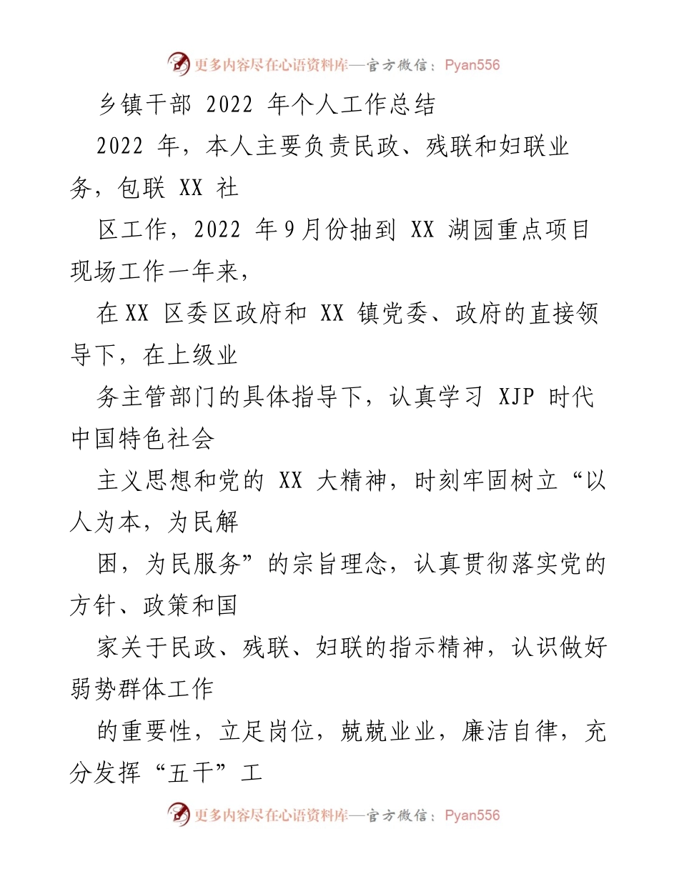 [工作总结] 乡镇干部 - 2022年个人工作总结与服务实践.docx_第1页