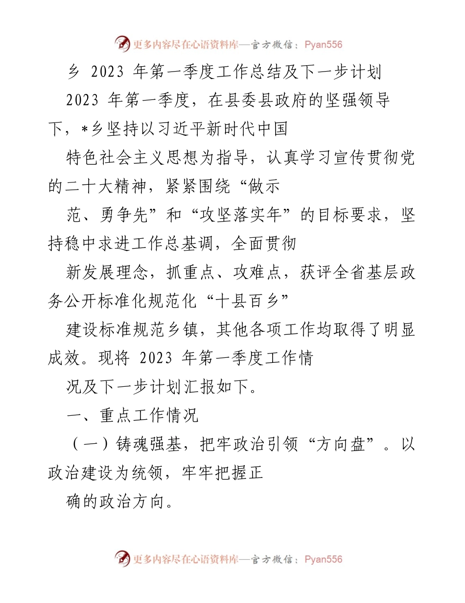 [工作总结] 乡镇工作会议 - 2023年第一季度工作总结及下一步计划_2.docx_第1页