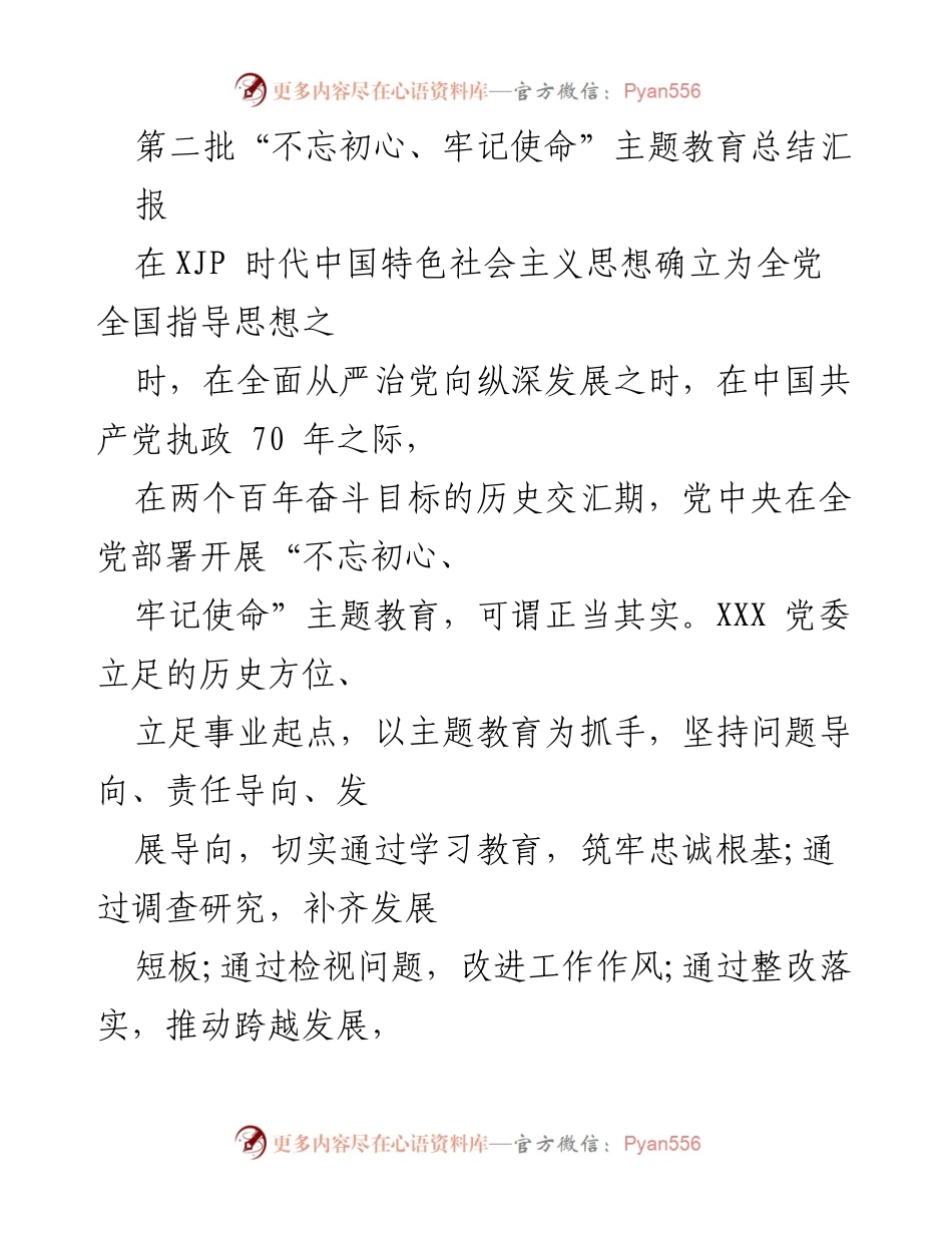 [工作总结] 主题教育总结会 - 第二批“不忘初心、牢记使命”主题教育实施情况总结报告.docx_第1页