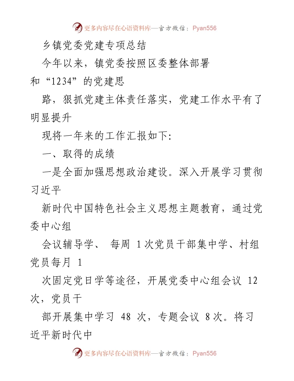 [工作总结] 乡镇党委 - 党建工作专项总结报告.docx_第1页