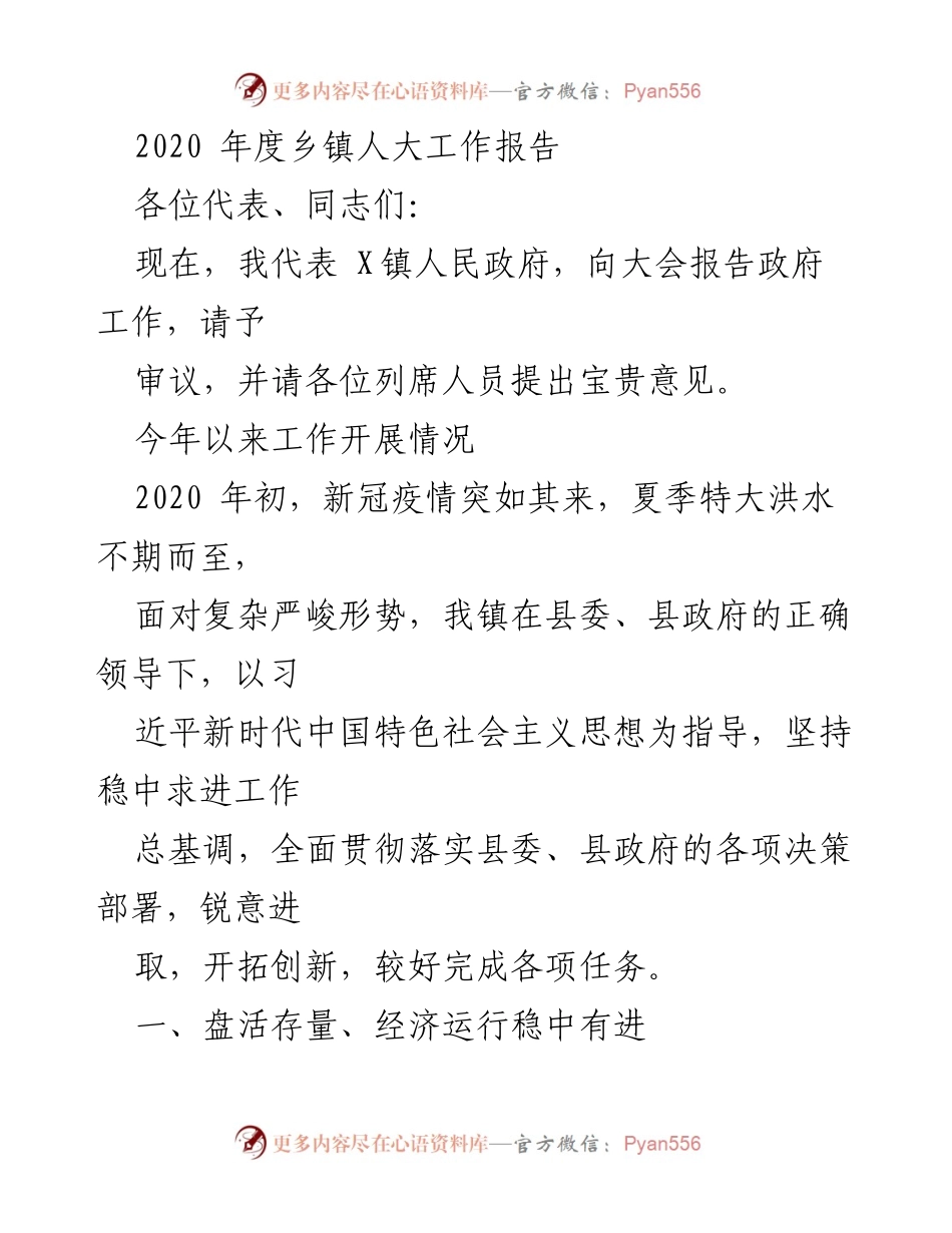 [工作总结] 乡镇人大会议 - 2020年度乡镇政府工作报告.docx_第1页