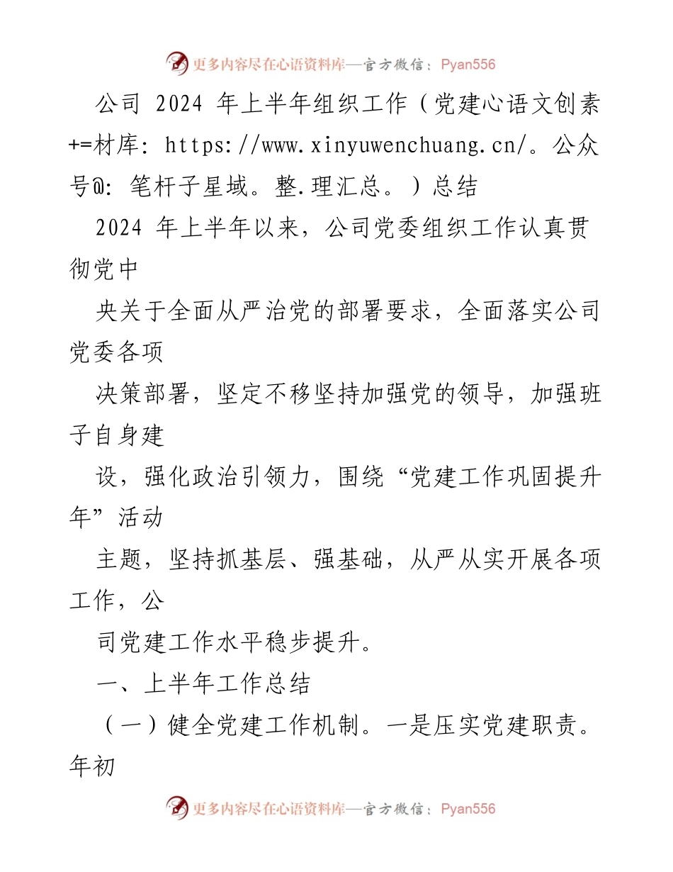 [工作总结] 2024年上半年 - 公司党建工作总结与提升措施.docx_第1页