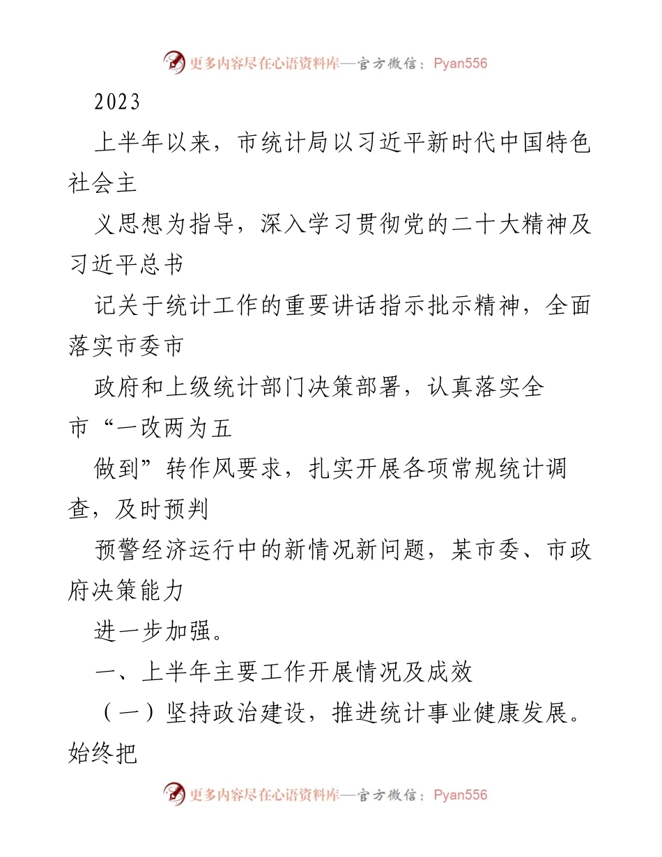 [工作总结] 上半年统计局工作情况 - 2023年上半年市统计局工作总结与成效分析.docx_第1页