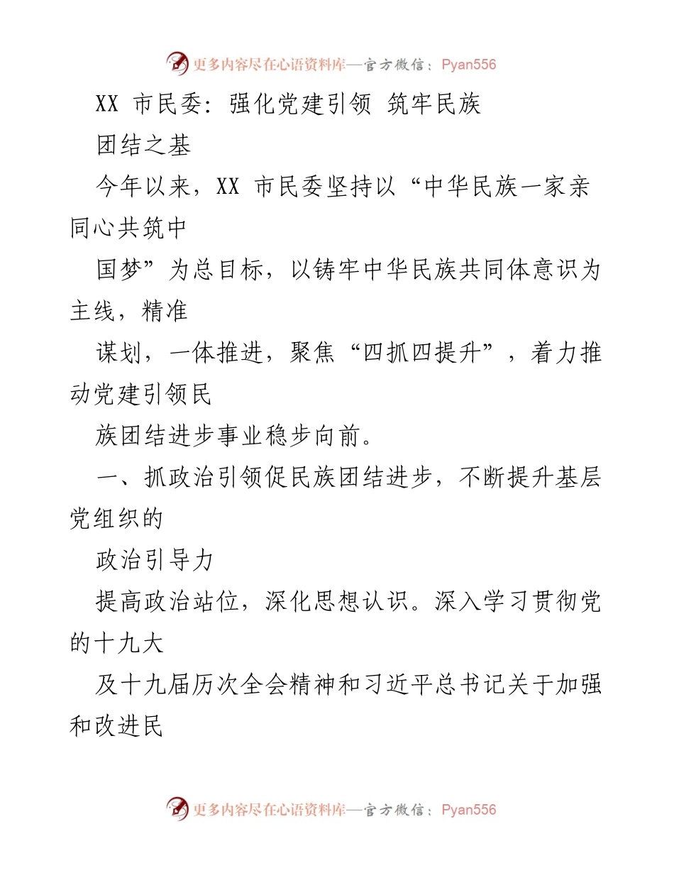 [工作总结] XX市民委工作会议 - 强化党建引领，推动民族团结进步事业.docx_第1页