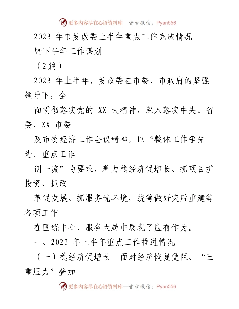 [工作总结] 上半年工作回顾 - 2023年市发改委上半年重点工作总结与下半年工作规划.docx_第1页
