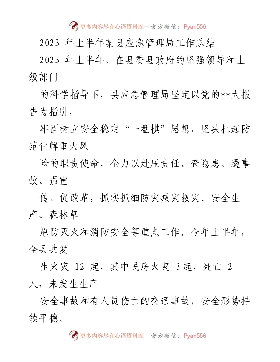 [工作总结] 上半年工作汇报 - 2023年上半年某县应急管理局工作总结与安全生产成效分析.docx_第1页