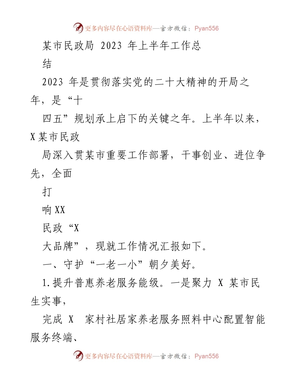 [工作总结] 上半年 - 2023年某市民政局上半年工作总结报告.docx_第1页