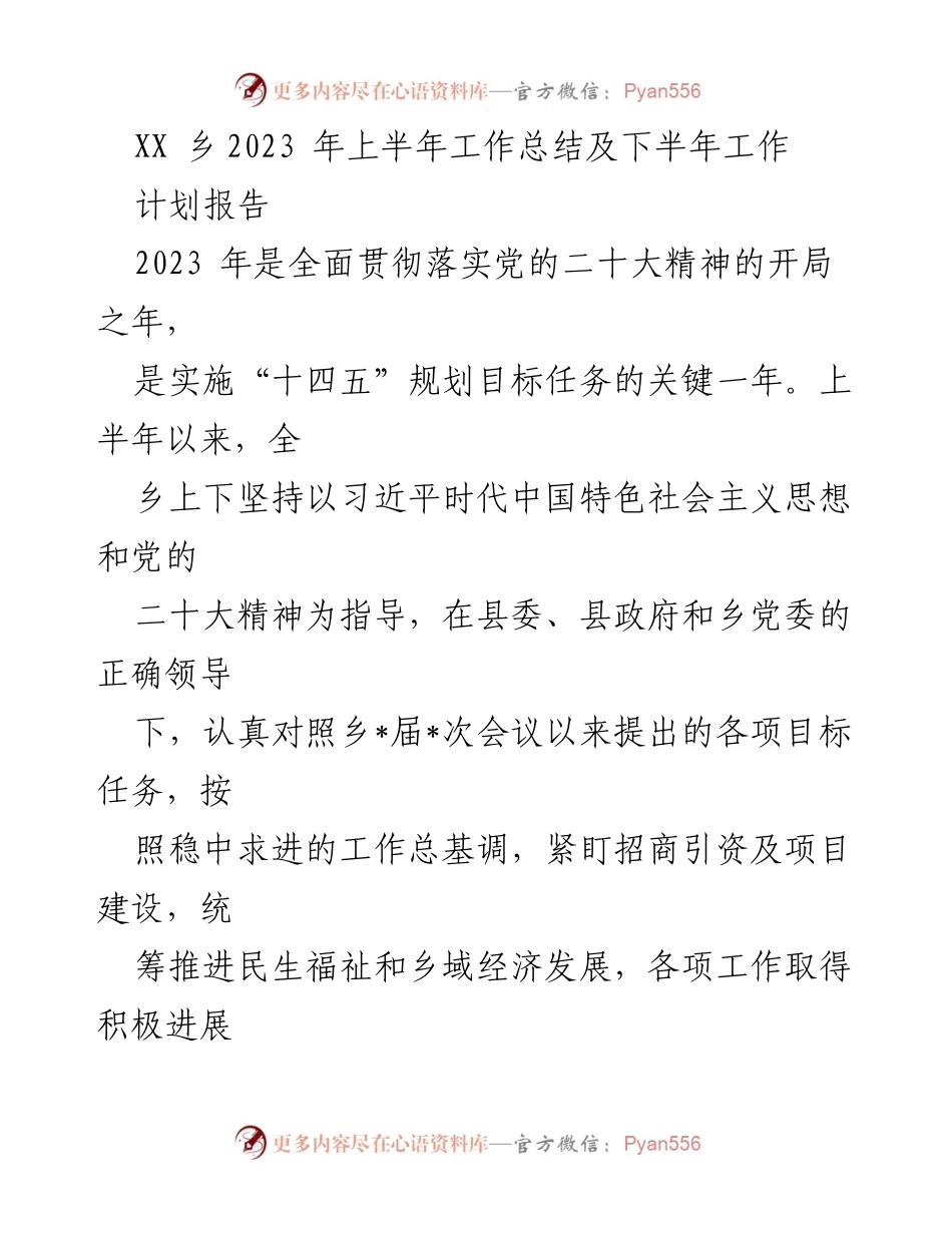[工作总结] XX乡2023年上半年 - XX乡2023年上半年工作总结及下半年工作计划报告.docx_第1页