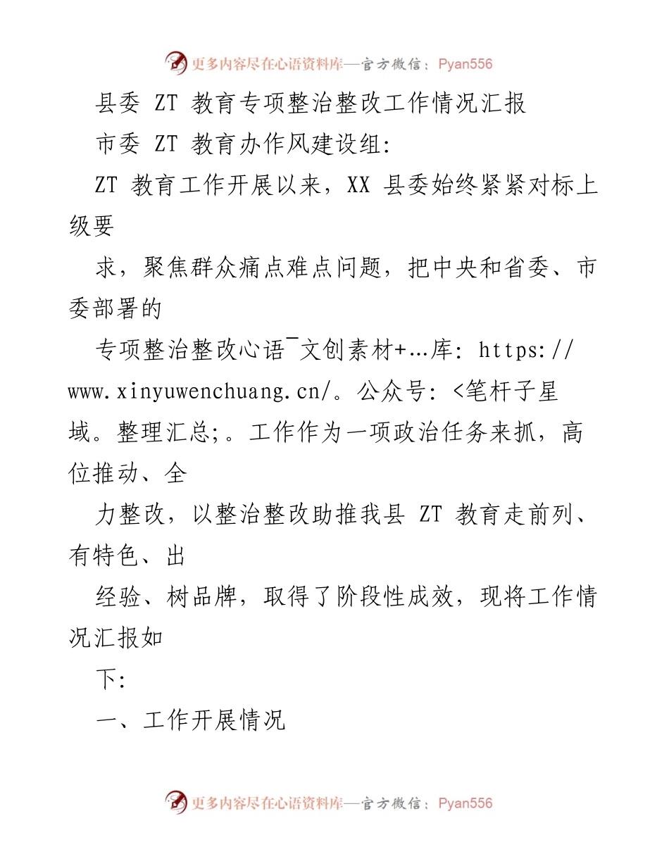 [工作总结] 专项整治整改 - XX县ZT教育专项整治整改工作情况汇报.docx_第1页