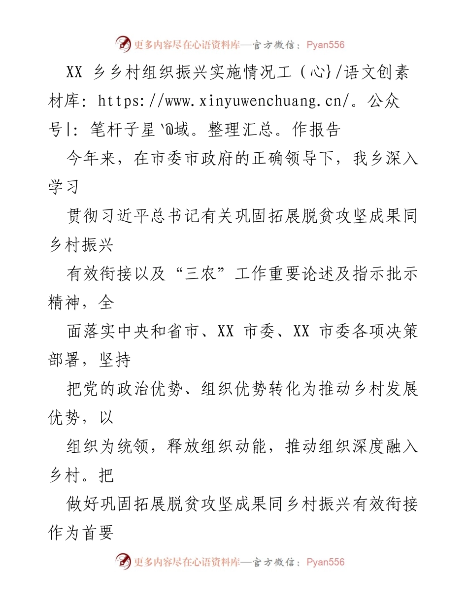 [工作总结] 乡村振兴 - XX乡乡村组织振兴实施情况工作报告.docx_第1页