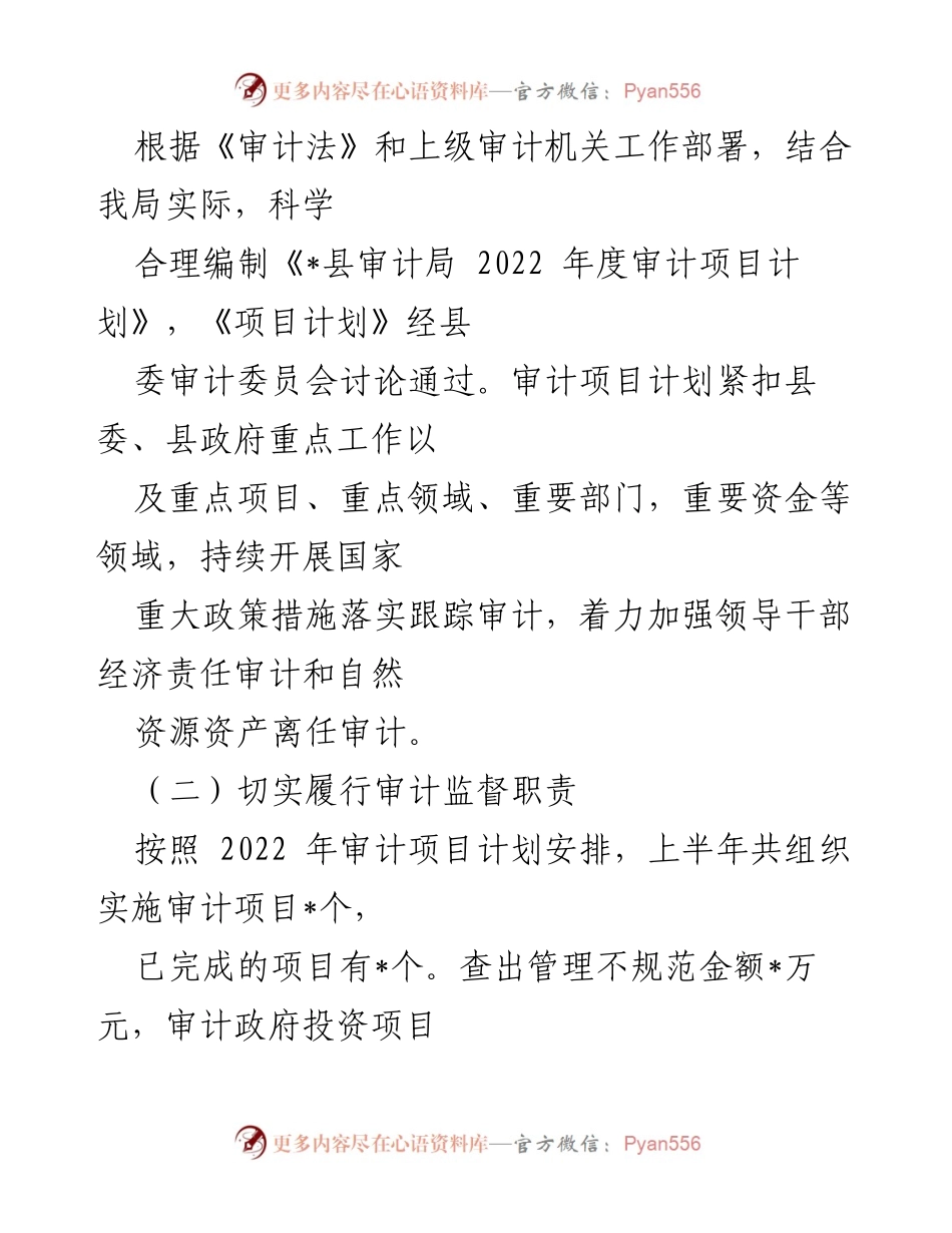 [工作总结] 上半年审计工作 - _县审计局2022年上半年工作总结报告.docx_第2页