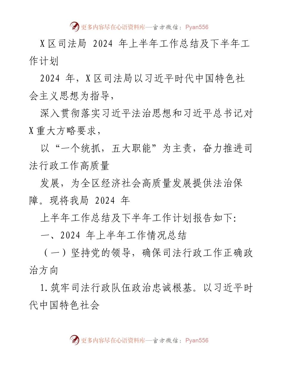 [工作总结] 上半年工作汇报 - X区司法局2024年上半年工作总结及下半年工作计划.docx_第1页