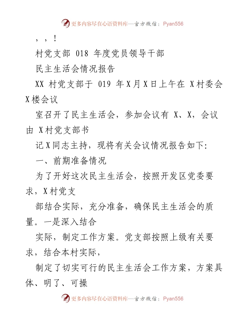 [工作总结] XX村党支部2019年度党员领导干部民主生活会情况报告.docx_第1页