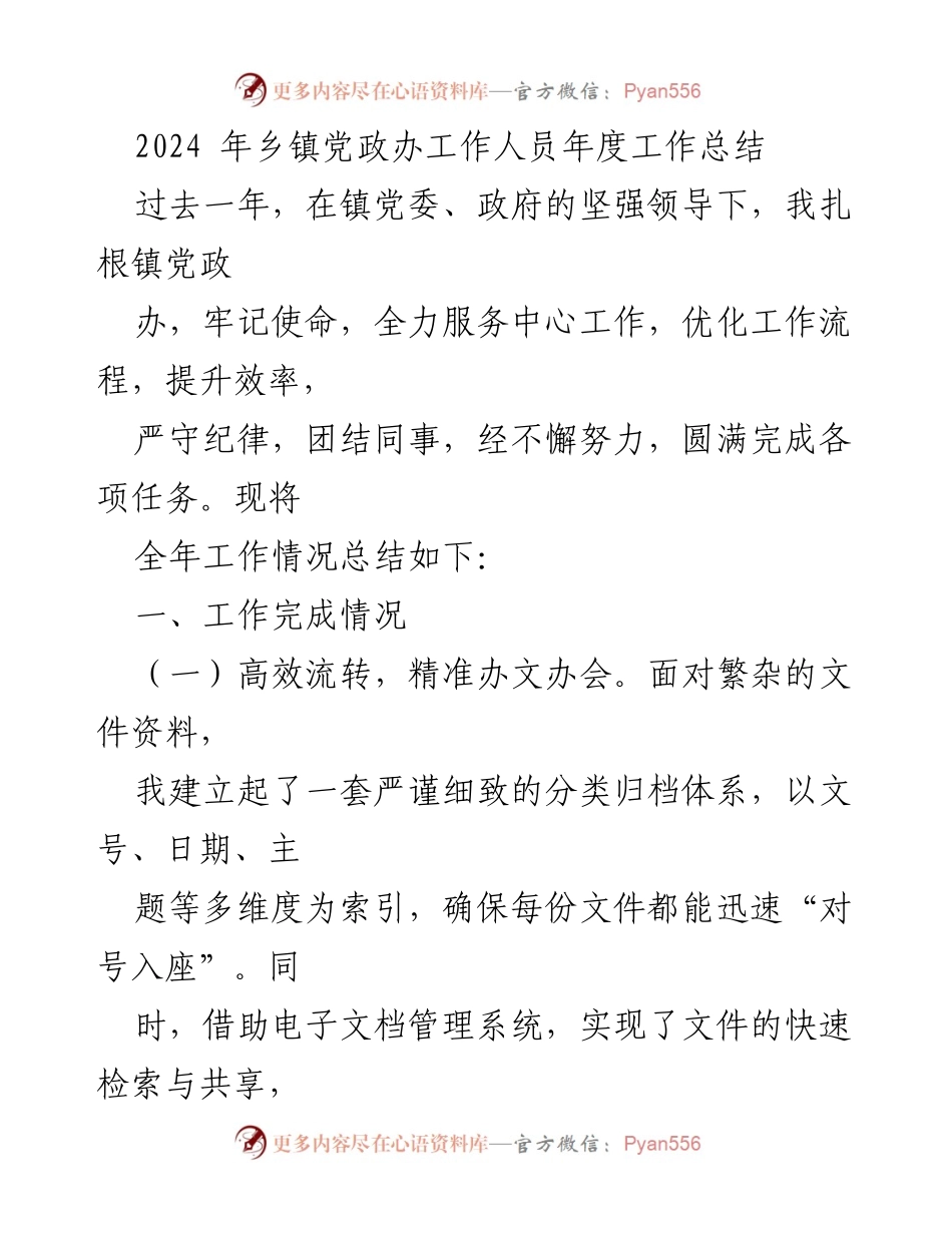 [工作总结] 乡镇党政办 - 2024年度工作总结报告.docx_第1页