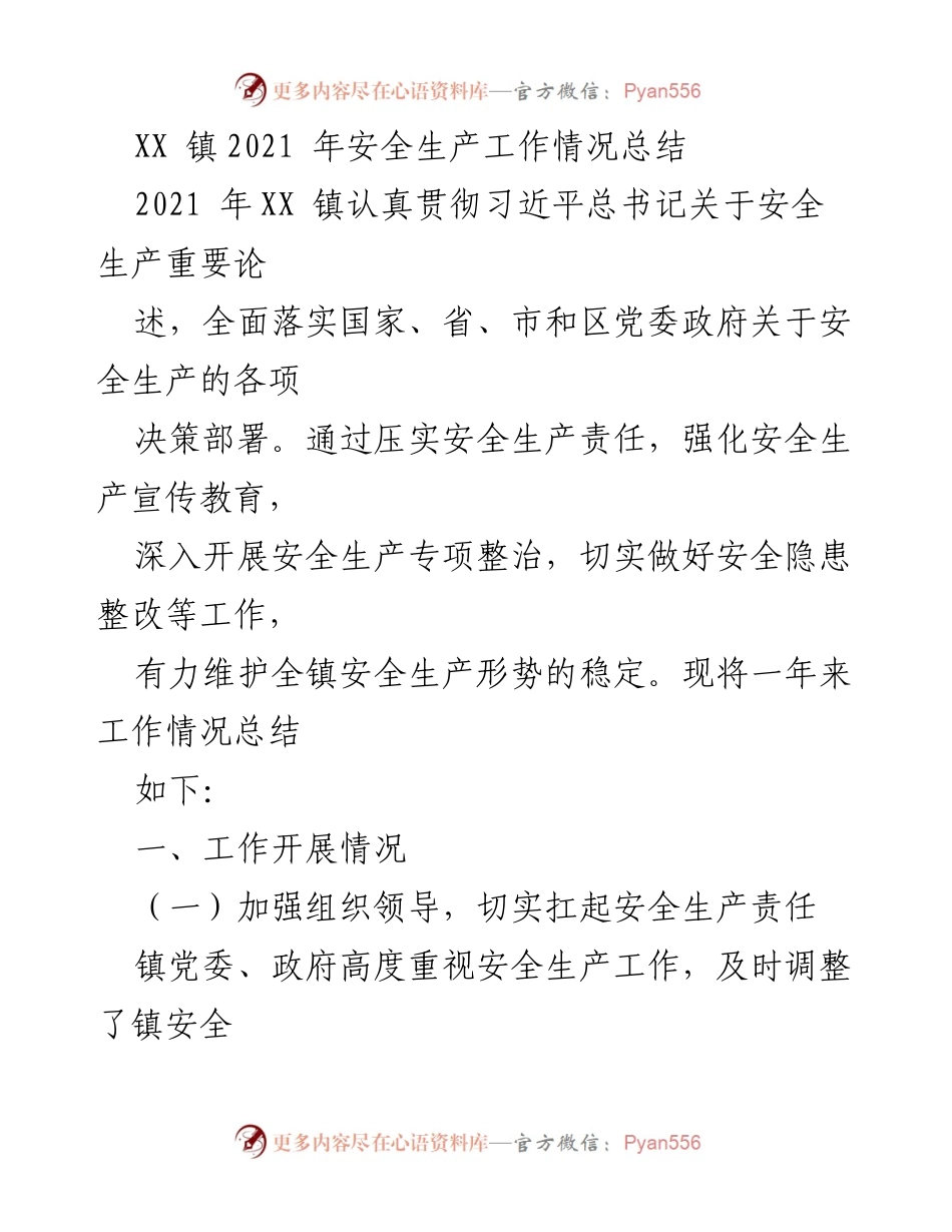 [工作总结] XX 镇 - 2021 年安全生产工作情况总结.docx_第1页