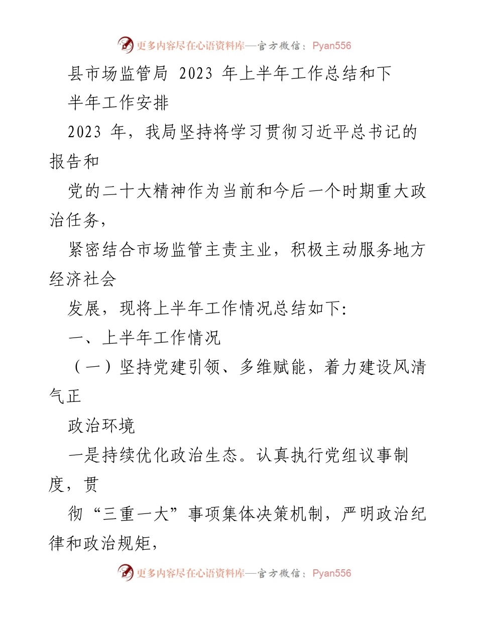 [工作总结] 上半年工作总结 - 县市场监管局2023年上半年工作总结及下半年工作安排.docx_第1页