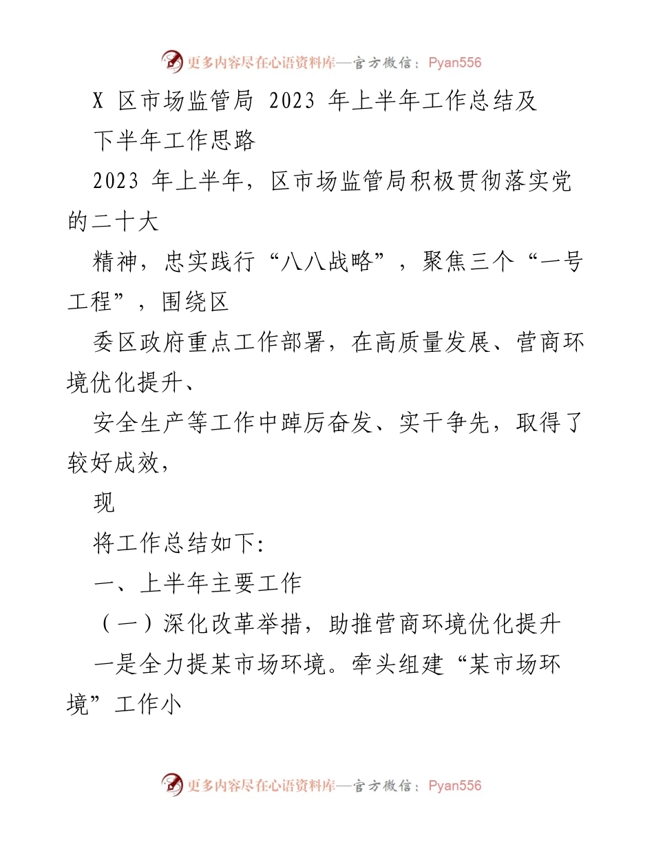 [工作总结] 上半年工作总结 - X 区市场监管局2023年上半年工作总结及下半年工作思路.docx_第1页