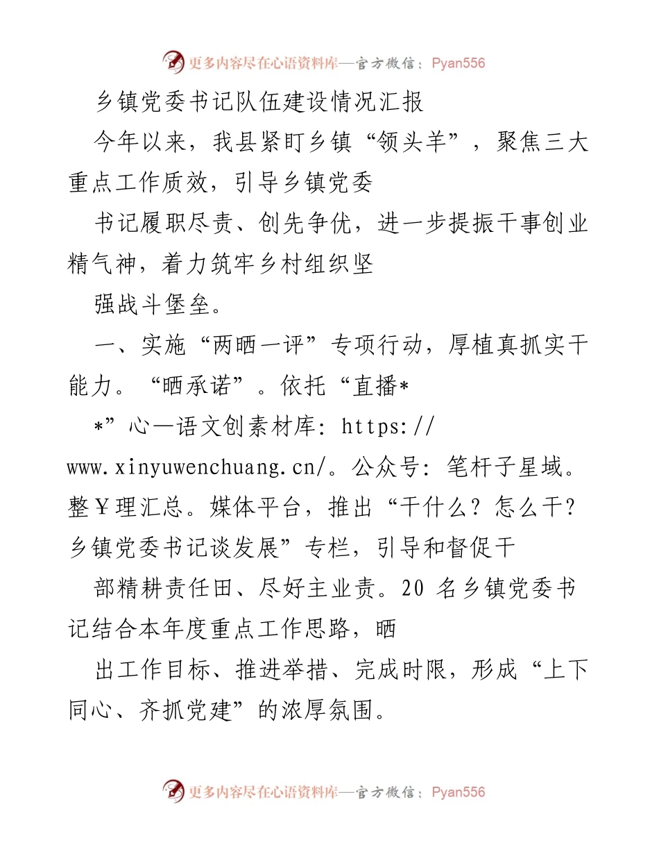 [工作总结] 乡镇党委书记队伍建设 - 乡镇党委书记队伍建设情况汇报.docx_第1页