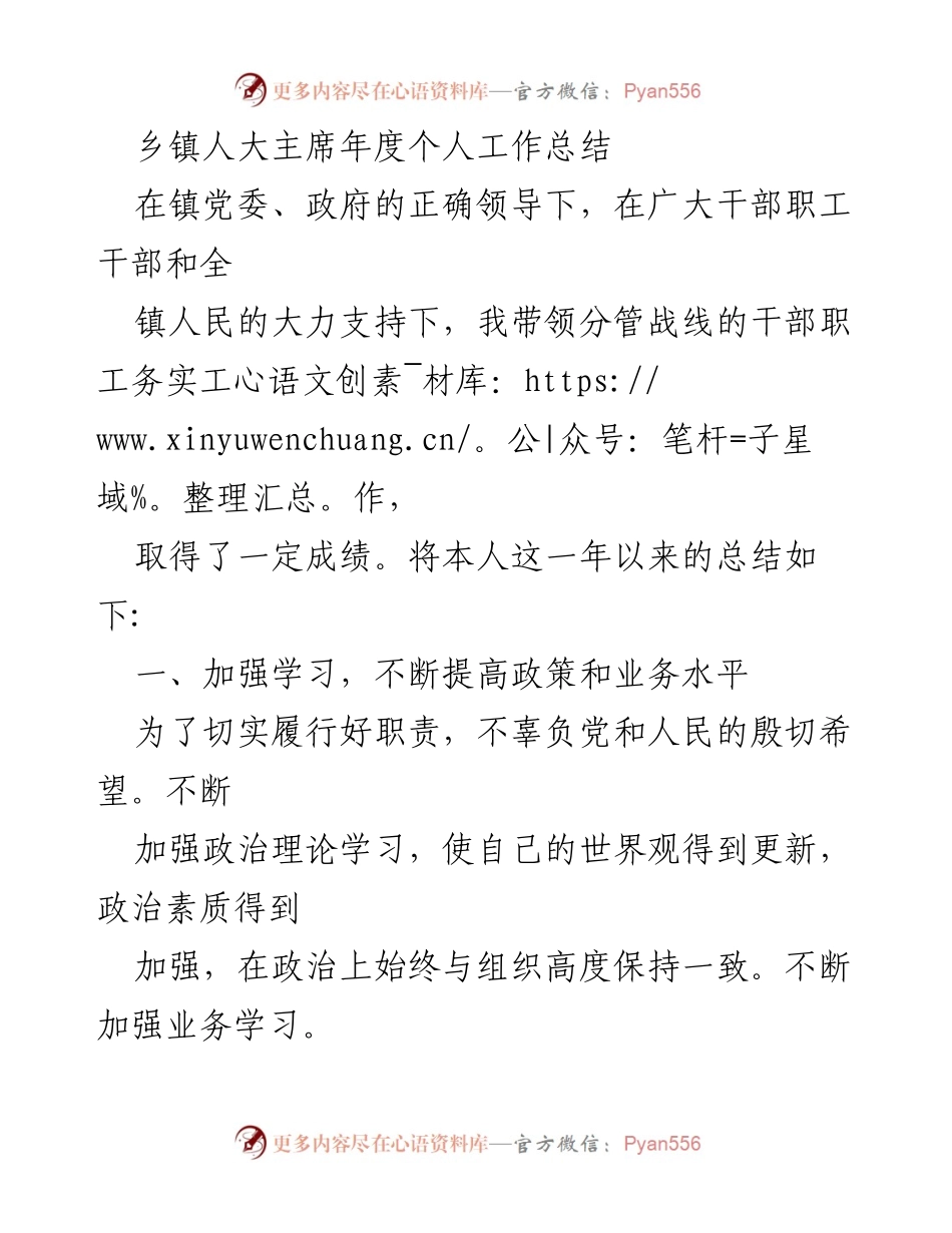 [工作总结] 乡镇人大主席 - 乡镇人大主席年度工作总结.docx_第1页