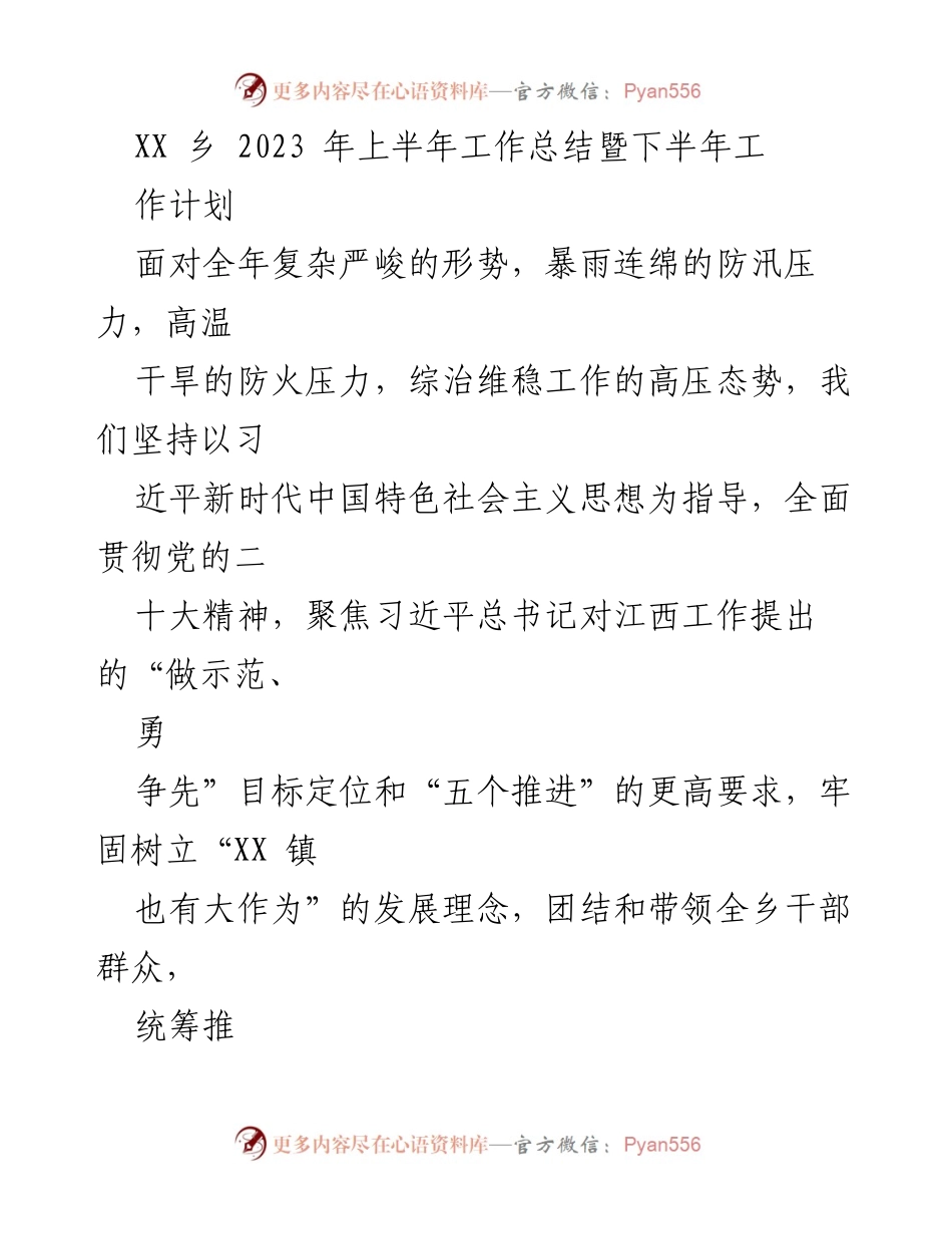[工作总结] 乡镇工作会议 - 2023年上半年工作总结与下半年计划报告.docx_第1页