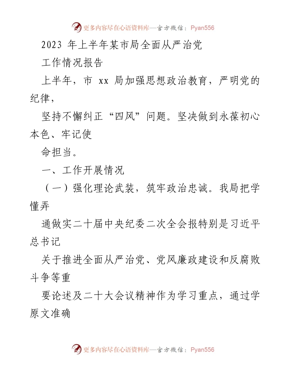 [工作总结] 上半年工作汇报 - 某市局2023年上半年全面从严治党工作情况报告.docx_第1页
