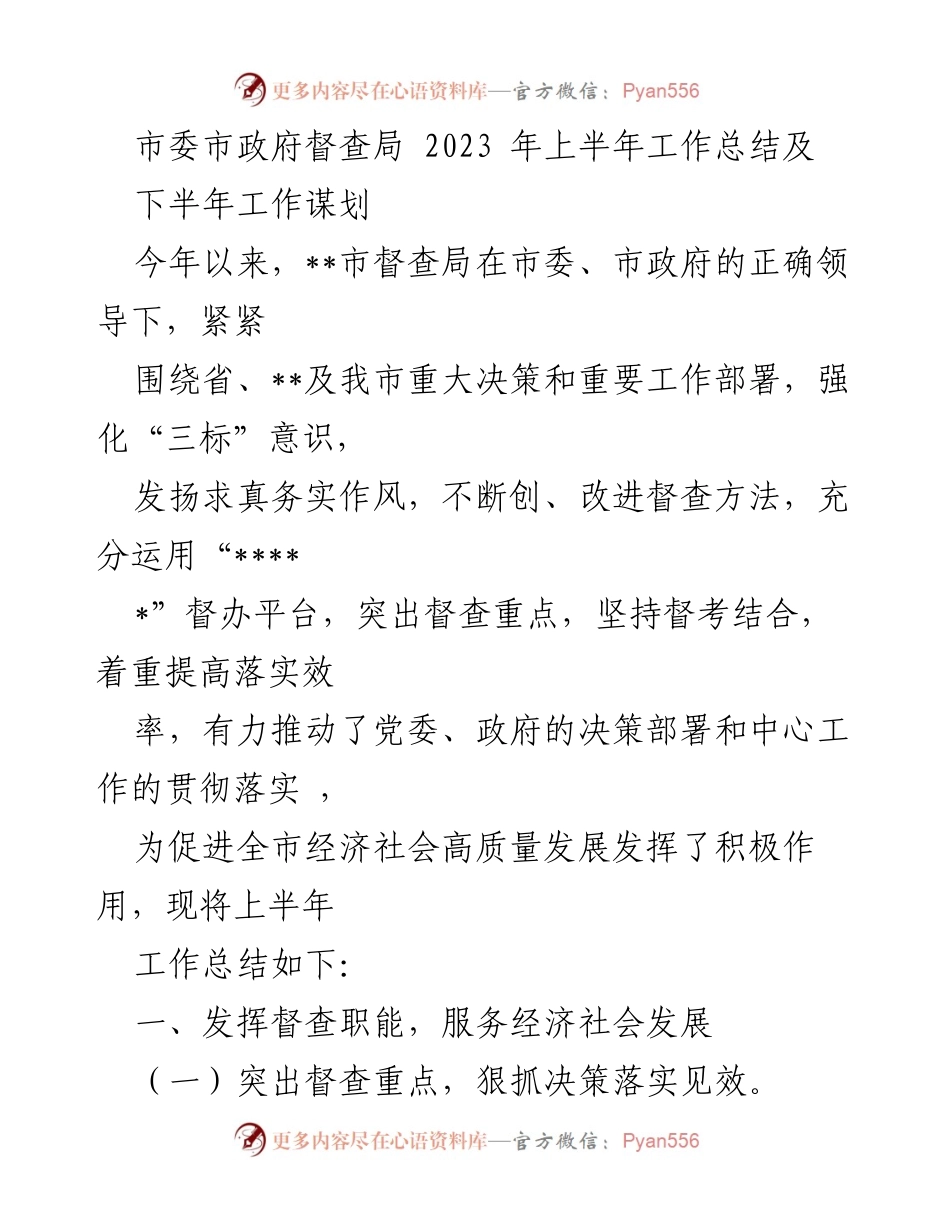 [工作总结] 上半年工作总结 - 2023年上半年市委市政府督查局工作总结及下半年谋划.docx_第1页
