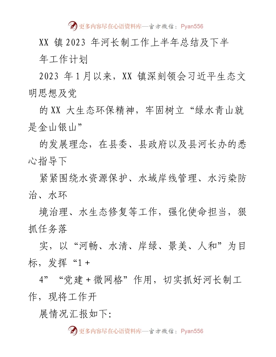 [工作总结] XX镇 - 2023年河长制上半年工作总结及下半年工作计划.docx_第1页