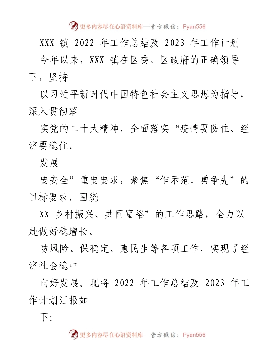 [工作总结] XXX 镇 - 2022 年工作总结及 2023 年工作计划_1.docx_第1页
