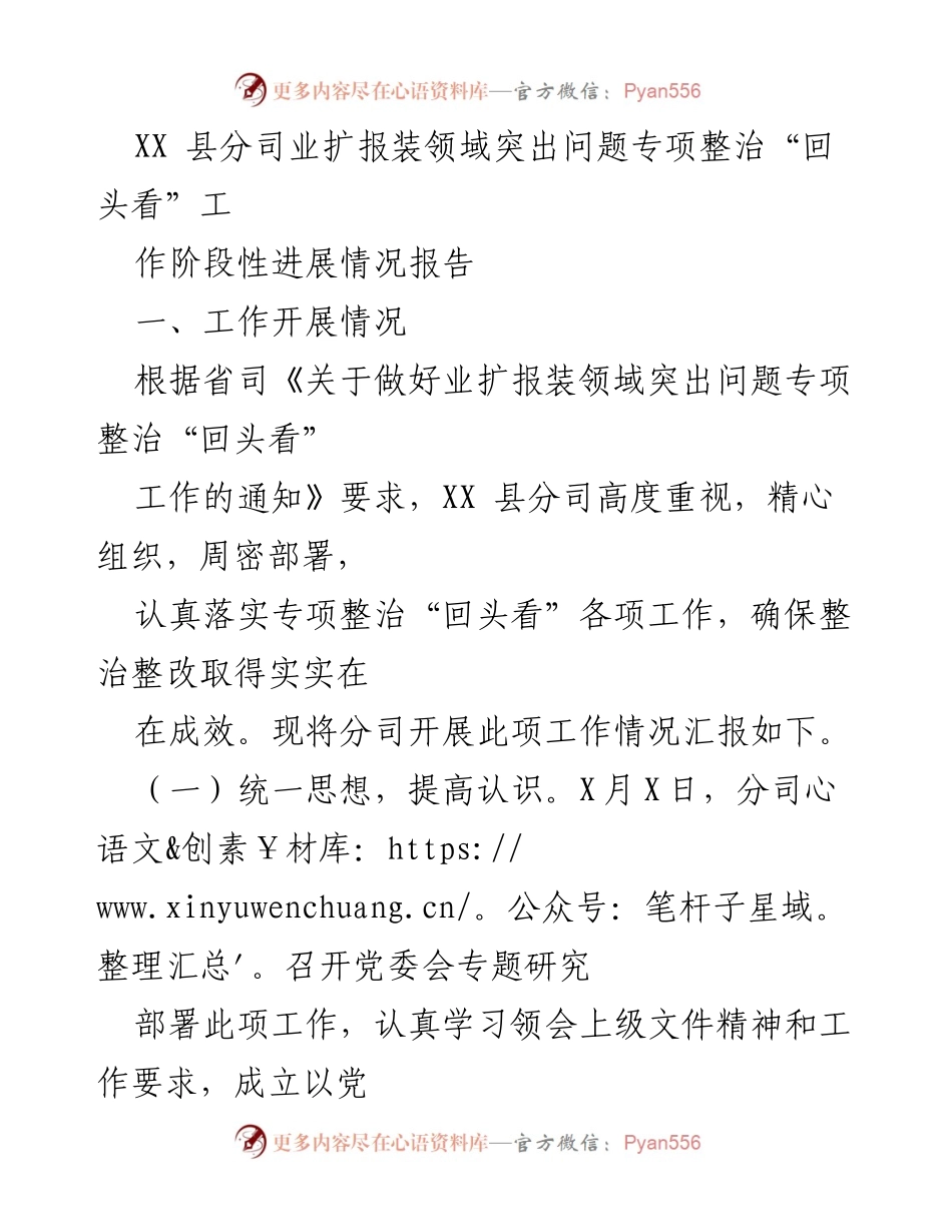 [工作总结] 专项整治 - XX县业扩报装领域突出问题专项整治“回头看”工作阶段性进展报告.docx_第1页