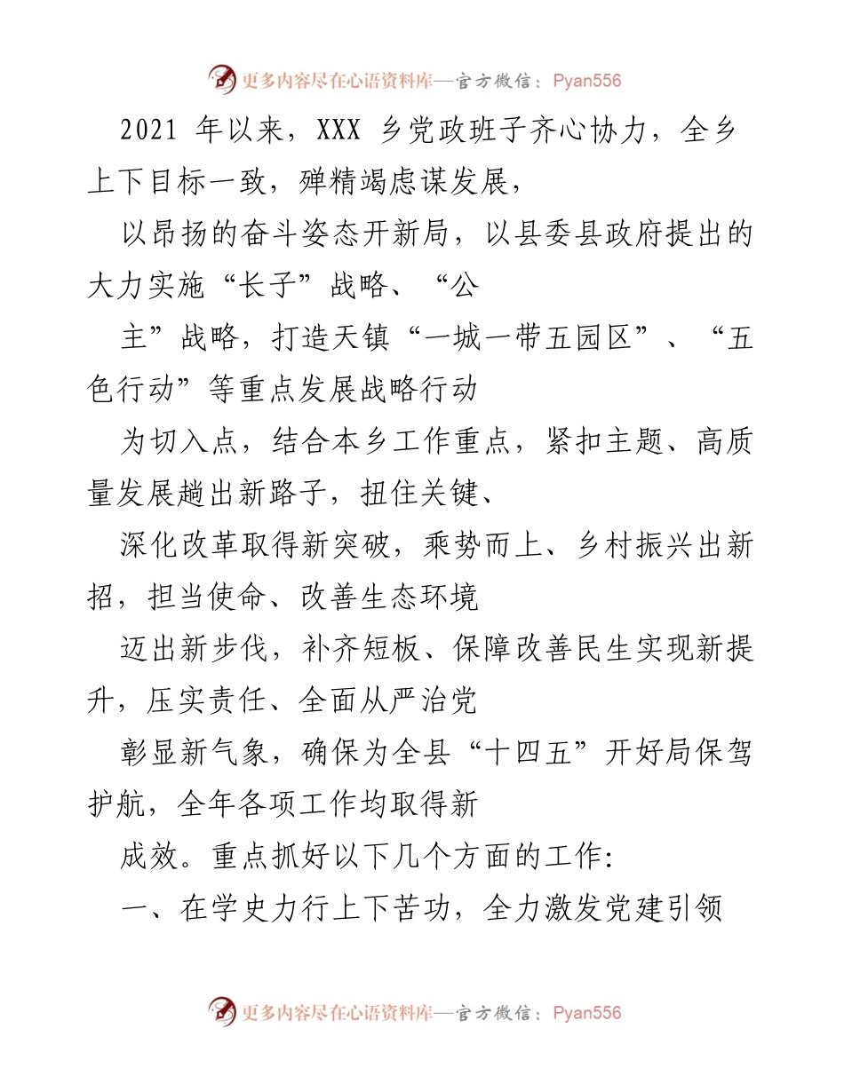[工作总结] 乡镇发展 - XXX乡2021年工作总结与党建引领成效报告.docx_第1页