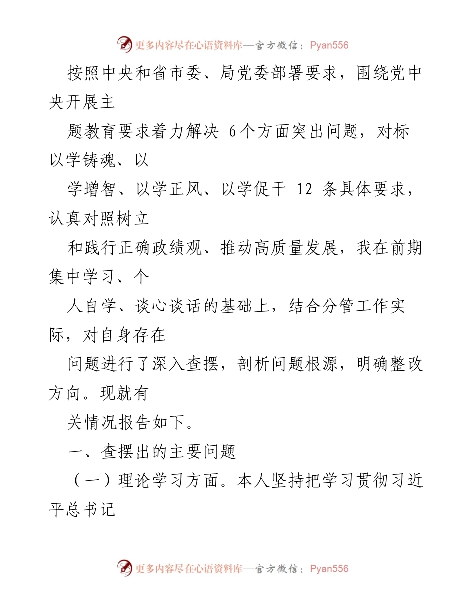 [工作总结] 主题教育 - 关于深入查摆自身问题及整改方向的工作总结报告.docx_第1页