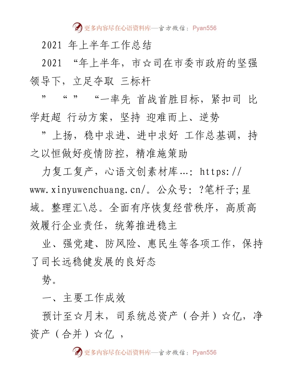 [工作总结] 上半年工作总结 - 2021年上半年市☆司工作总结与成效分析.docx_第1页