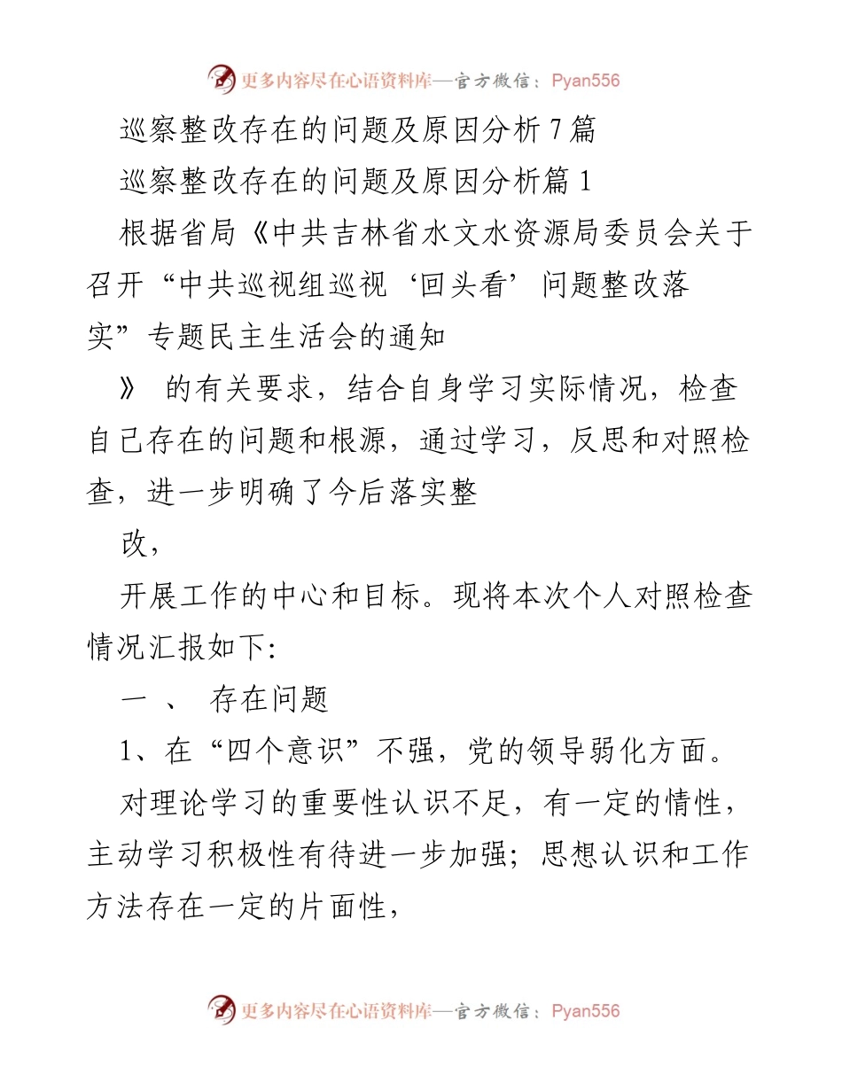 [工作总结] 专题民主生活会 - 巡察整改问题及原因分析报告.docx_第1页