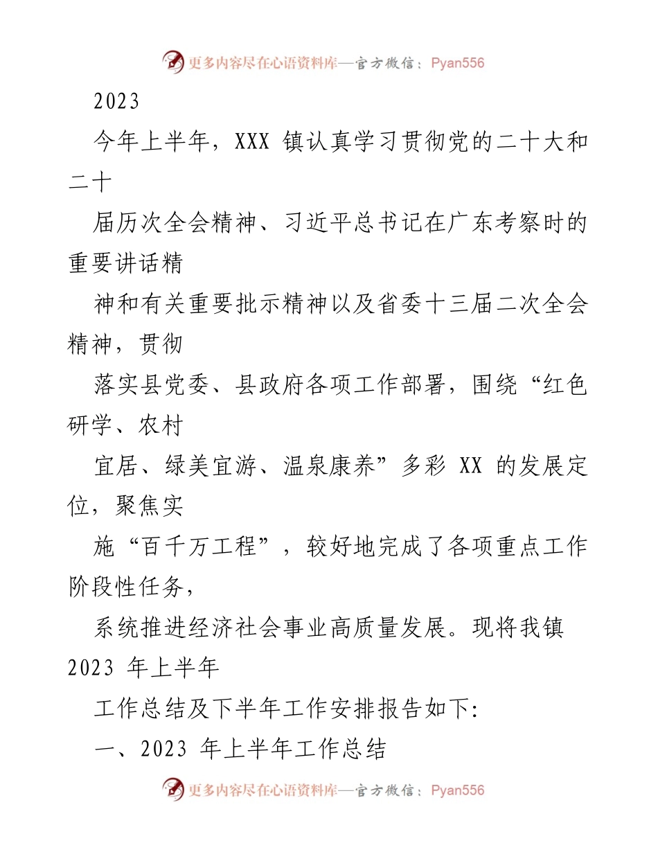 [工作总结] 上半年工作汇报 - 2023年XXX镇上半年工作总结及下半年安排报告.docx_第1页