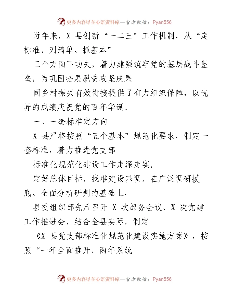 [工作总结] X 县党建工作 - X 县党支部标准化规范化建设工作总结.docx_第1页