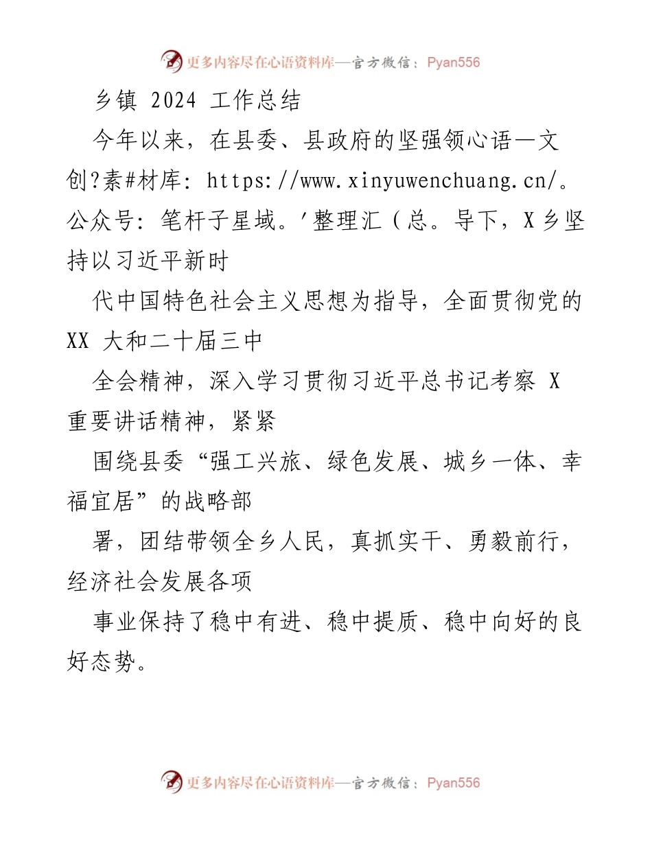 [工作总结] 乡镇 - 2024年度工作总结与成效报告.docx_第1页