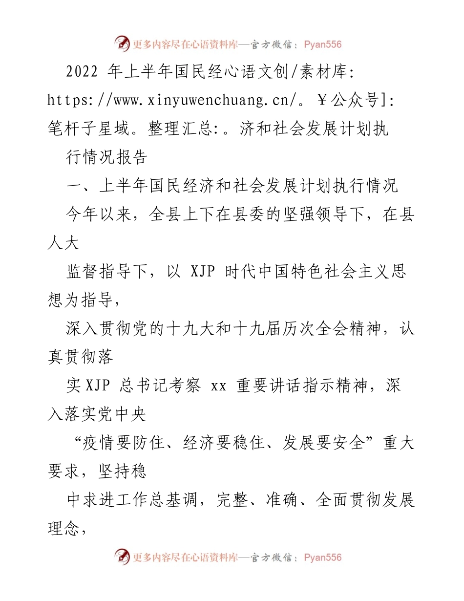 [工作总结] 上半年经济与社会发展 - 2022年上半年国民经济和社会发展计划执行情况报告.docx_第1页