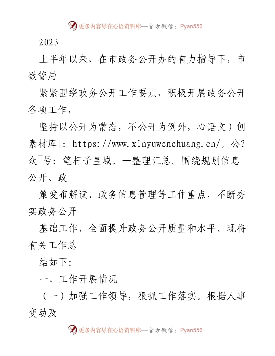 [工作总结] 上半年政务公开工作 - 2023年上半年市数管局政务公开工作总结.docx_第1页
